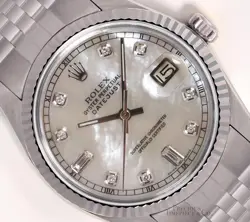 ROLEX DATEJUST 36MM STAINLESS STEEL JUBILEE WHITE MOP BAGUETTE DIAMOND DIAL