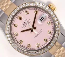 ROLEX DATEJUST TWO TONE 36MM STAINLESS STEEL 18K DIAMOND BEZEL PINK DIAMOND DIAL