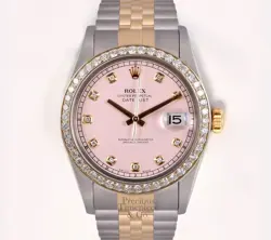 Rolex Datejust Two Tone 36mm Stainless Steel 18k Diamond Bezel Pink Diamond Dial
