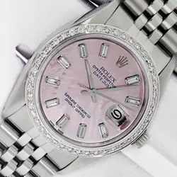 ROLEX DATEJUST PINK MOP DIAMOND DIAL STAINLESS STEEL DIAMOND BEZEL WATCH
