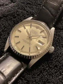Rolex Datejust 1603 Mens Stainless Steel Watch w/Engine-Turned Bezel Silver Dial