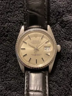 Rolex Datejust 1603 Mens Stainless Steel Watch w/Engine-Turned Bezel Silver Dial