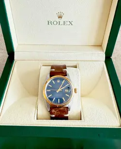 ROLEX DATEJUST 36MM 16013 18K YELLOW GOLD/STEEL CHRAMOSTA BLUE DIAL W/BOX - MINT