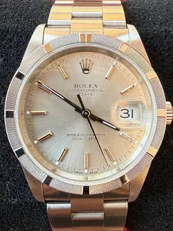 ROLEX OYSTER PERPETUAL DATE 15210   SILVER ENGINE TURNED BEZEL  34MM   EXCELLENT