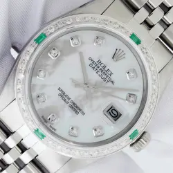 ROLEX DATEJUST MOP DIAMOND DIAL STEEL AND 18K GOLD DIAMOND EMERALD MENS WATCH