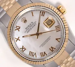 ROLEX DATEJUST 36MM TWO TONE STEEL 18K FLUTED BEZEL-ROMAN WHITE MOP DIAL
