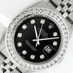 ROLEX DATEJUST BLACK DIAMOND DIAL STEEL & WHITE GOLD DIAMOND BEZEL MENS WATCH