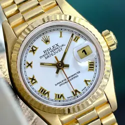 ROLEX LADIES DATEJUST 18K YELLOW GOLD PRESIDENT BAND WHITE ROMAN NUMERAL 26MM