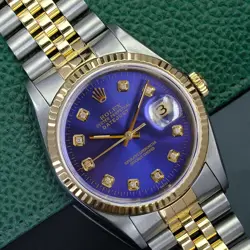 ROLEX DATEJUST UNISEX TWO-TONE WATCH 18KY & SS BLUE DIAMOND DIAL JUBILEE 16013