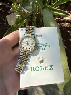 ORIGINAL ROLEX MIDSIZE TT DATEJUST WHITE DIAL FLUTED BEZEL JUBILEE BAND W/ PAPER