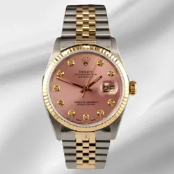 ROLEX DATEJUST 36MM YELLOW GOLD FLUTED PINK DIAMOND DIAL JUBILEE WATCH 16013