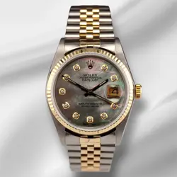 ROLEX DATEJUST 36MM YELLOWGOLD FLUTED BLACK MOP DIAMOND DIAL JUBILEE WATCH 16013