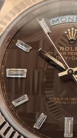 Rolex DayDate 40mm 228235 Everose Gold Chocolate Dial Baguette Diamond Markers