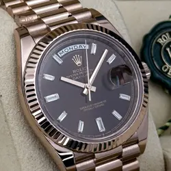 Rolex DayDate 40mm 228235 Everose Gold Chocolate Dial Baguette Diamond Markers