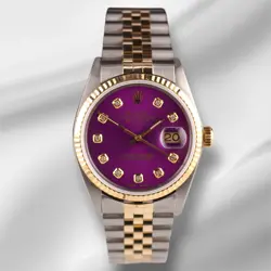 ROLEX DATEJUST 36MM YELLOW GOLD FLUTED PURPLE DIAMOND DIAL JUBILEE WATCH 16013