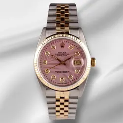 ROLEX DATEJUST 36MM YELLOWGOLD FLUTED PINK PALM DIAMOND DIAL JUBILEE WATCH 16013