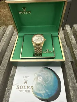 VINTAGE ROLEX OYSTER PERPETUAL DATE 34MM  14K YELLOW GOLD & BAND WITH BOX