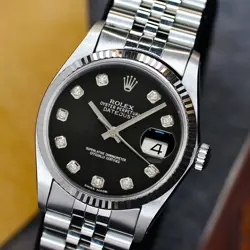 MENS ROLEX DATEJUST 18KW GOLD & STEEL BLACK DIAL FLUTED BEZEL 36MM WATCH 16014