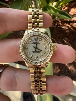ROLEX LADIES 14K YELLOW GOLD OYSTER PERPETUAL MOP DIAMOND DIAL DIAMOND BEZEL