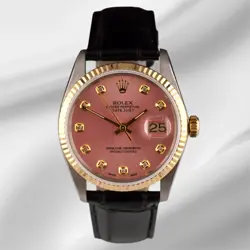ROLEX DATEJUST 36MM YELLOW GOLD PINK DIAMOND DIAL LEATHER BAND WATCH 16013