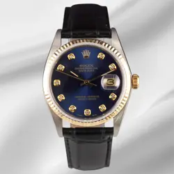 ROLEX DATEJUST 36MM YELLOW GOLD DARK BLUE DIAMOND DIAL LEATHER BAND WATCH 16013