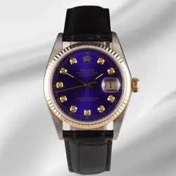 ROLEX DATEJUST 36MM YELLOW GOLD ROYAL BLUE DIAMOND DIAL LEATHER BAND WATCH 16013