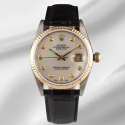 ROLEX DATEJUST 36MM YELLOW GOLD WHITE MOP DIAMOND DIAL LEATHER BAND WATCH 16013