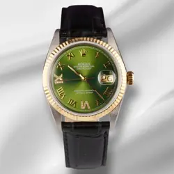 ROLEX DATEJUST 36MM YELLOWGOLDGREEN ROMAN DIAMOND DIAL LEATHERBAND WATCH 16013