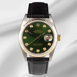 ROLEX DATEJUST 36MM YELLOWGOLD FLUTED GREEN DIAMOND DIAL LEATHERBAND WATCH 16013