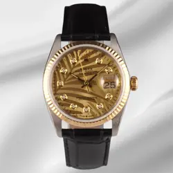 ROLEX DATEJUST 36MM YELLOW GOLD PALM MOTIF DIAMOND DIAL LEATHER BAND WATCH 16013