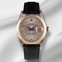 ROLEX DATEJUST 36MM YELLOWGOLD FLUTED SILVERDIAMOND DIAL LEATHERBAND WATCH 16013