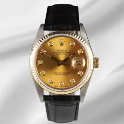 ROLEX DATEJUST 36MM YELLOW GOLD GOLD DIAMOND DIAL LEATHER BAND WATCH 16013