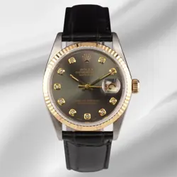 ROLEX DATEJUST 36MM YELLOWGOLD FLUTED GREY DIAMOND DIAL LEATHER BAND WATCH 16013
