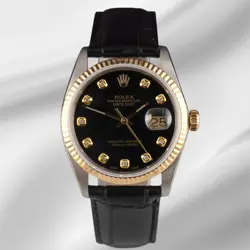 ROLEX DATEJUST 36MM YELLOW GOLD BLACK DIAMOND DIAL LEATHER BAND WATCH 16013