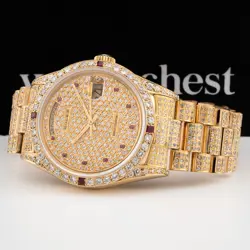 ROLEX DAY-DATE 36 18038, YELLOW GOLD, PAVE DIAMOND RUBY DIAL, PRESIDENT BRACELET