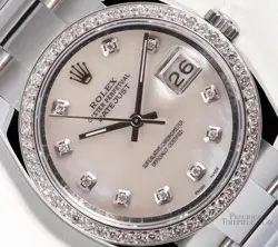 ROLEX DATEJUST 36MM STAINLESS STEEL OYSTER DIAMOND BEZEL WHITE MOP DIAMOND DIAL