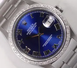 ROLEX DATEJUST 36MM STAINLESS STEEL OYSTER WATCH BLUE ROMAN DIAL DIAMOND BEZEL