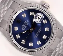ROLEX DATEJUST 36MM STAINLESS STEEL NAVY BLUE DIAMOND DIAL 18K FLUTED BEZEL