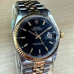 1966 ROLEX DATEJUST 36 WATCH 1601 BLACK DIAL TWO-TONE CASE JUBILEE BRACELET BOX