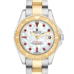 ROLEX YACHTMASTER 35 MIDSIZE YELLOW GOLD MOP RUBY DIAL WATCH 168623 BOX CARD