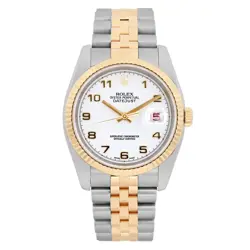 ROLEX DATEJUST 36 STEEL 18K YELLOW GOLD WHITE ARABIC ROULETTE DIAL WATCH 116233