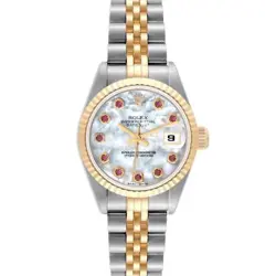 ROLEX DATEJUST STEEL YELLOW GOLD MOP RUBY DIAL LADIES WATCH 69173 BOX PAPERS