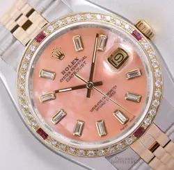 ROLEX DATEJUST 36MM 116233 DIAMOND RUBY BEZEL SALMON MOP DIAMOND BAGUETTE DIAL