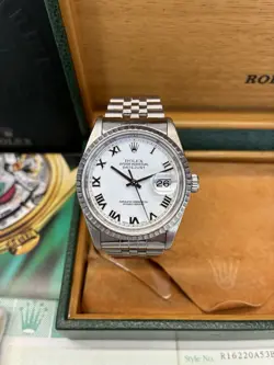?? ROLEX DATEJUST AUTOMATIC WATCH 16220 ENGINE TURNED BEZEL WHITE DIAL 36MM??