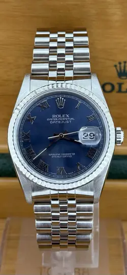 ROLEX DATEJUST 16234 FACTORY BLUE ROMAN JUBILEE BRACELET WHITE GOLD FLUTED BEZEL
