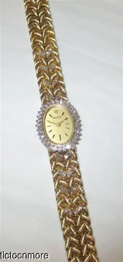 VINTAGE 14K GOLD MONTRES ROLEX CHEVRON LINK BRACELET WATCH DIAMOND HALO