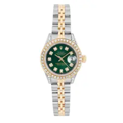 ROLEX DATEJUST 26MM 18K YELLOW GOLD STEEL CUSTOM GREEN DIAMOND DIAL WATCH 69173