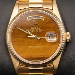 PRESIDENTIAL ROLEX DAY-DATE 18038 WATCH 36MM TIGER'S EYE DIAL 18K YELLOW GOLD