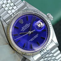 ROLEX DATEJUST STAINLESS STEEL BLUE INDEX DIAL WHITE GOLD FLUTED WATCH 36MM