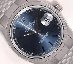 ROLEX DATEJUST 36MM STAINLESS STEEL 18K FLUTED BEZEL NAVY BLUE STICK DIAL